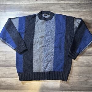 Structure 100% Wool Sweater Mens L Blue Gray Colorblock Y2K 90s Chunky Knit